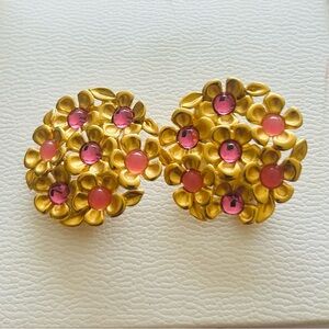 Vintage Givenchy 80's Clip On Earrings with a Brushed Gold Finish Pink Cabochons